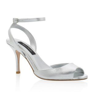 White House Black Market Silver Ankle Strap Mid Heels